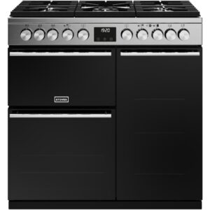 STOVES S/S 90CM DELUXE DUAL FUEL RANGE COOKER-5 BURNERS INC WOK BURNER-CAST IRON PAN SUPPORTS-3 OVENS-GRILL-EX DISPLAY-WOW