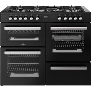 BELLING DUAL FUEL BLACK 110CM RANGE COOKER-7 BURNERS INC WOK BURNER-CAST IRON PAN SUPPORTS-2 ELECTRIC OVENS-GRILL-REFURBISHED