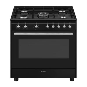 SMEG 90CM BLACK DUAL FUEL RANGE COOKER-5 BURNERS INC WOK BURNER-115L CAPACITY OVEN-GRILL-EASY CLEAN-NEW GRADED-