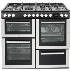 ELECTRIQ S/S 100CM DUAL FUEL RANGE COOKER-7 BURNERS INC WOK BURNER-3 OVENS-GRILL-STORAGE DRAWER-CAST IRON PAN SUPPORTS-EX DISPLAY
