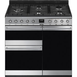 SMEG SYMPHONY 90CM DUAL FUEL RANGE COOKER-S/S-5 BURNER+WOK BURNER-CAST IRON PAN SUPPORTS-3 OVENS-CIRCULAIRE-GRILL-EX-DISPLAY-WOW
